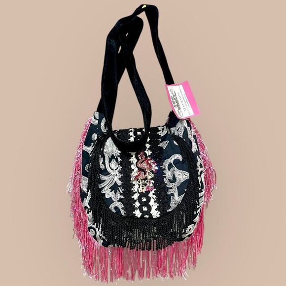 Sew What? Upcycling Handbags - Black & Pink Eclectic Handmade Upcycled Boho Fringed Crossbody Bag